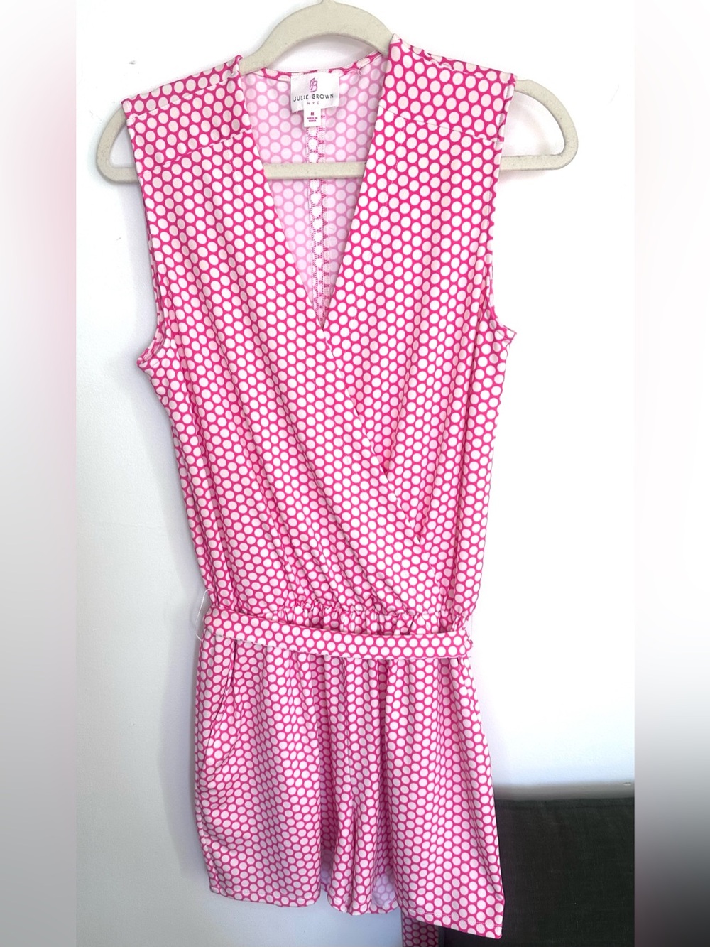 Julie Brown Pink White Polka Dot High Waist Romper coastal